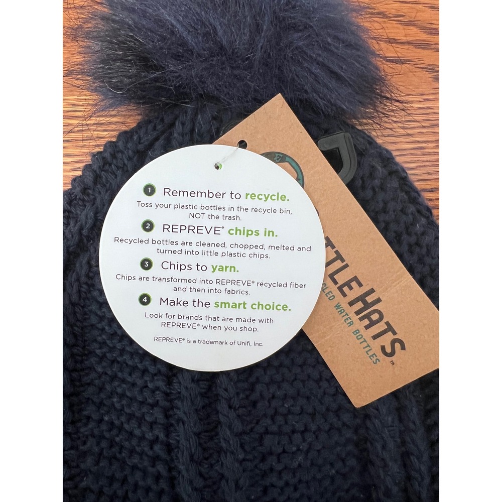 TurtleHats Blue Knit Beanie Hat Faux Fur Pom Recycled Bottles Winter Cap